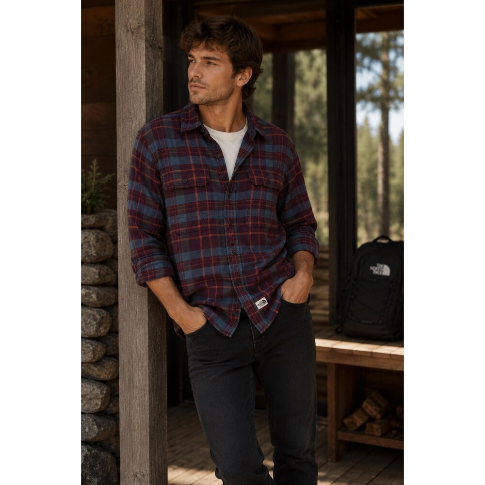 THE NORTH FACE Mens Shirt Plaid MEDIUM Flannel Lined Brown 100% Cotton